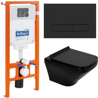 Комплект 4 в 1 BelBagno BB3201CHR-MB/BB3201SC-MB/BB002-80/BB007-PR-NERO.M унитаз подвесной SELA BB3201CHR-MB с сиденьем BB3201SC-MB система инсталляции для унитазов BB002-80 с кнопкой смыва BB007-PR-NERO.M